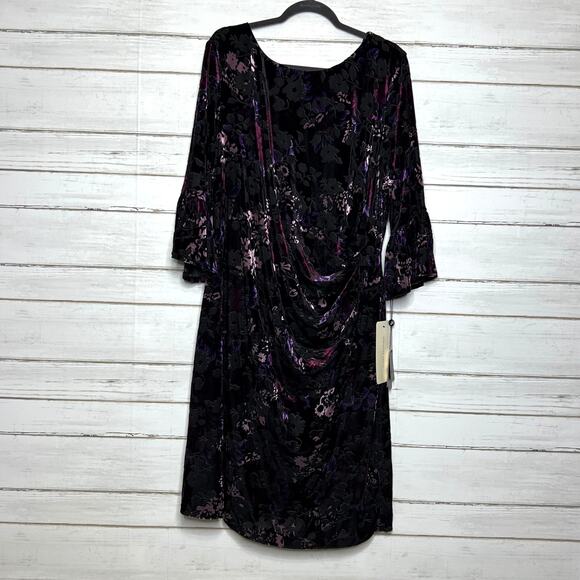 Adrianna Papell Velvet Burnout Sheath Dress Floral Black Purple Plus Size 26W - Picture 2 of 12